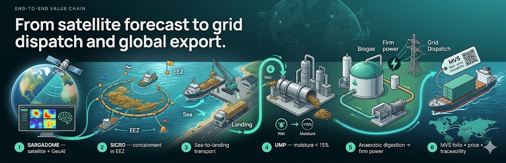 End-to-end value chain: SARGADOME forecasting, SICRO offshore collection, sea-to-landing logistics, UMP pretreatment, anaerobic digestion to firm power, and MVS export.